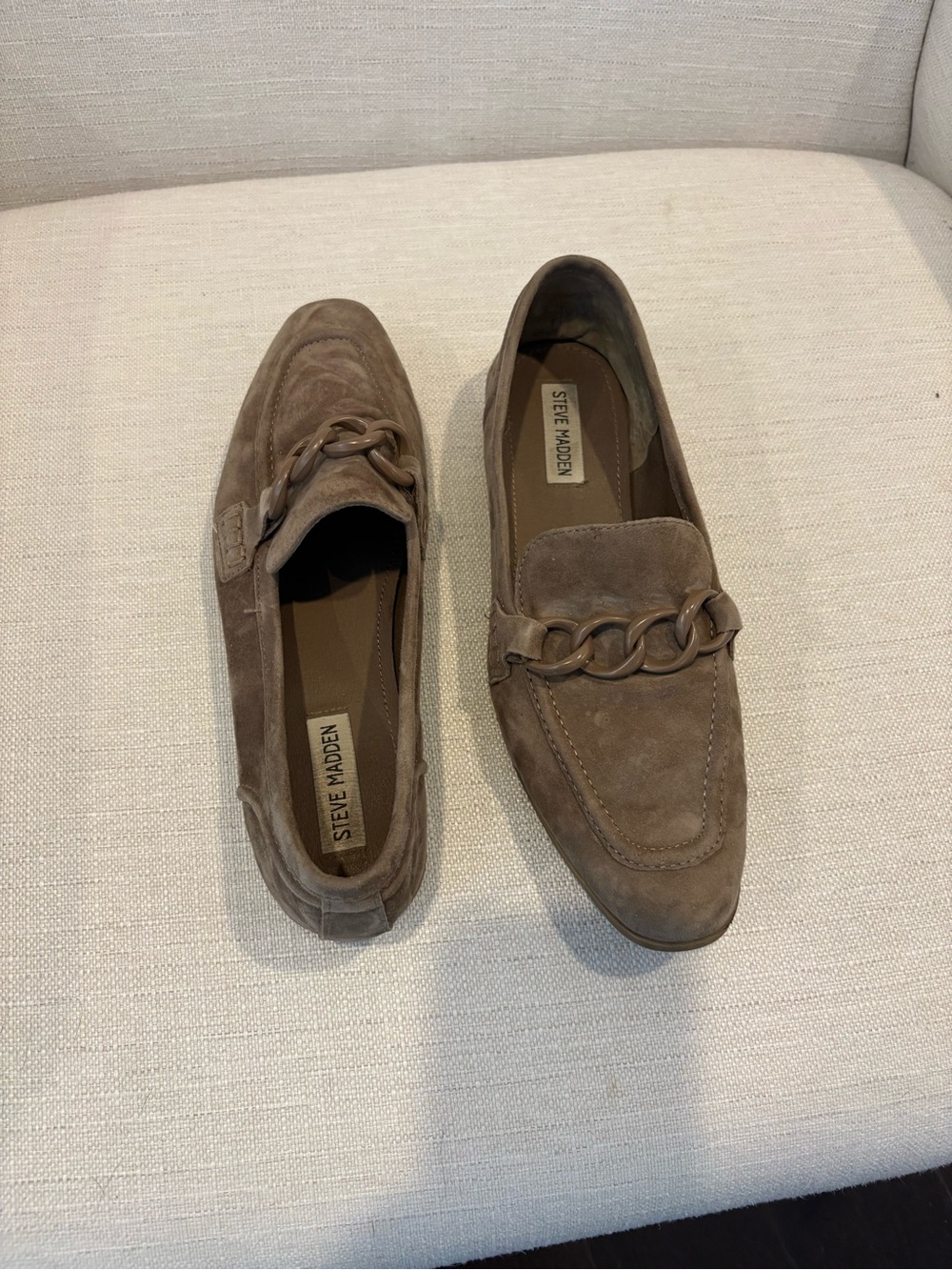 Steve Madden women’s Taupe Suede Chain-Trim Loafers